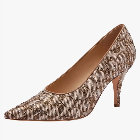 Coach Shoes - Coach Crystal-Embellished Signature Pointed-Toe Pumps in Beige and Brown